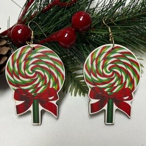Candy Cane Earrings, NIP, liteweight wood, design one side,vivid colors, 2”x1.25